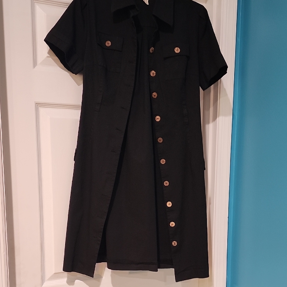 Aa Studio Black Shirt Dress with Brown Buttons